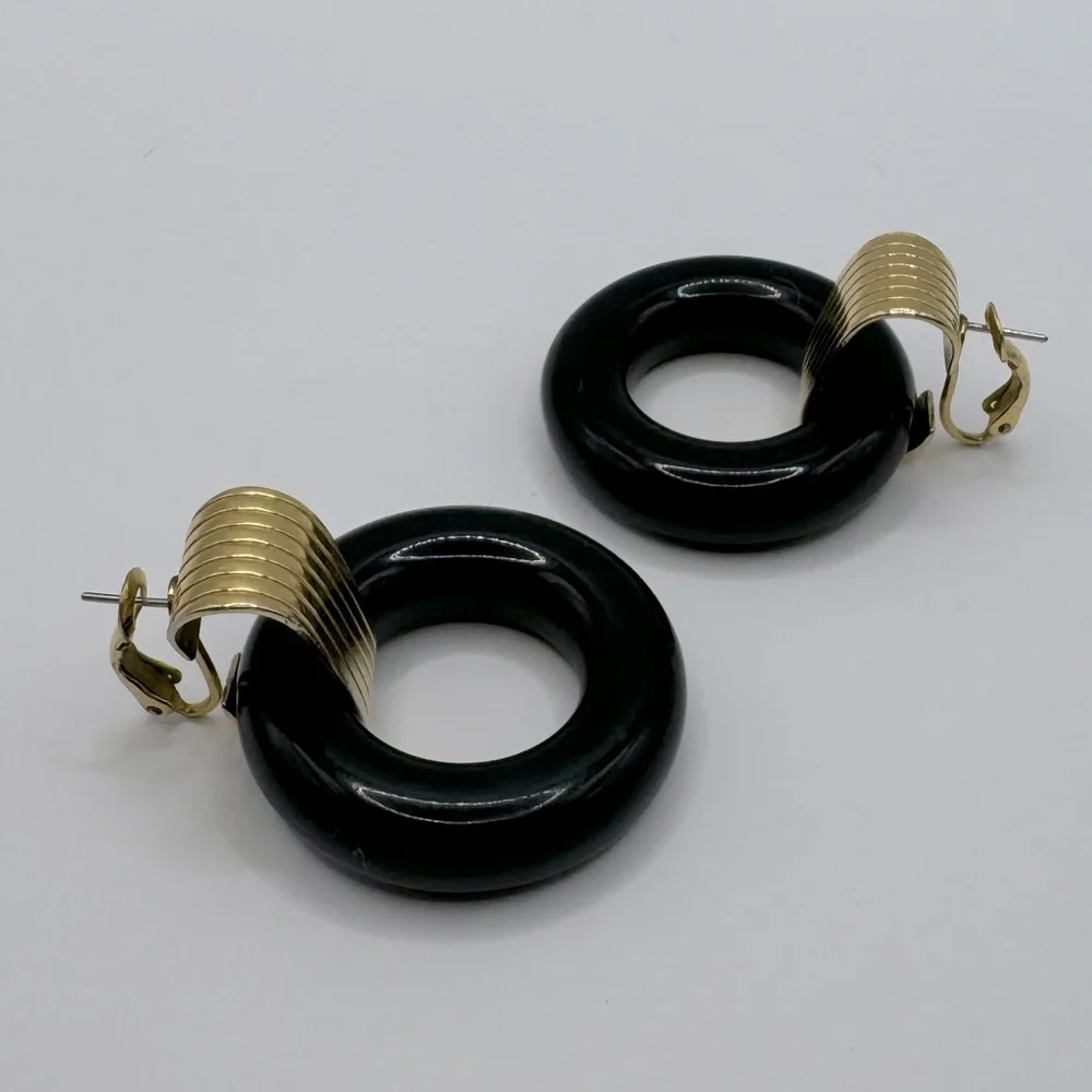 NAPIER Vintage Black & Gold Door Knocker Earrings - Picture 7 of 13